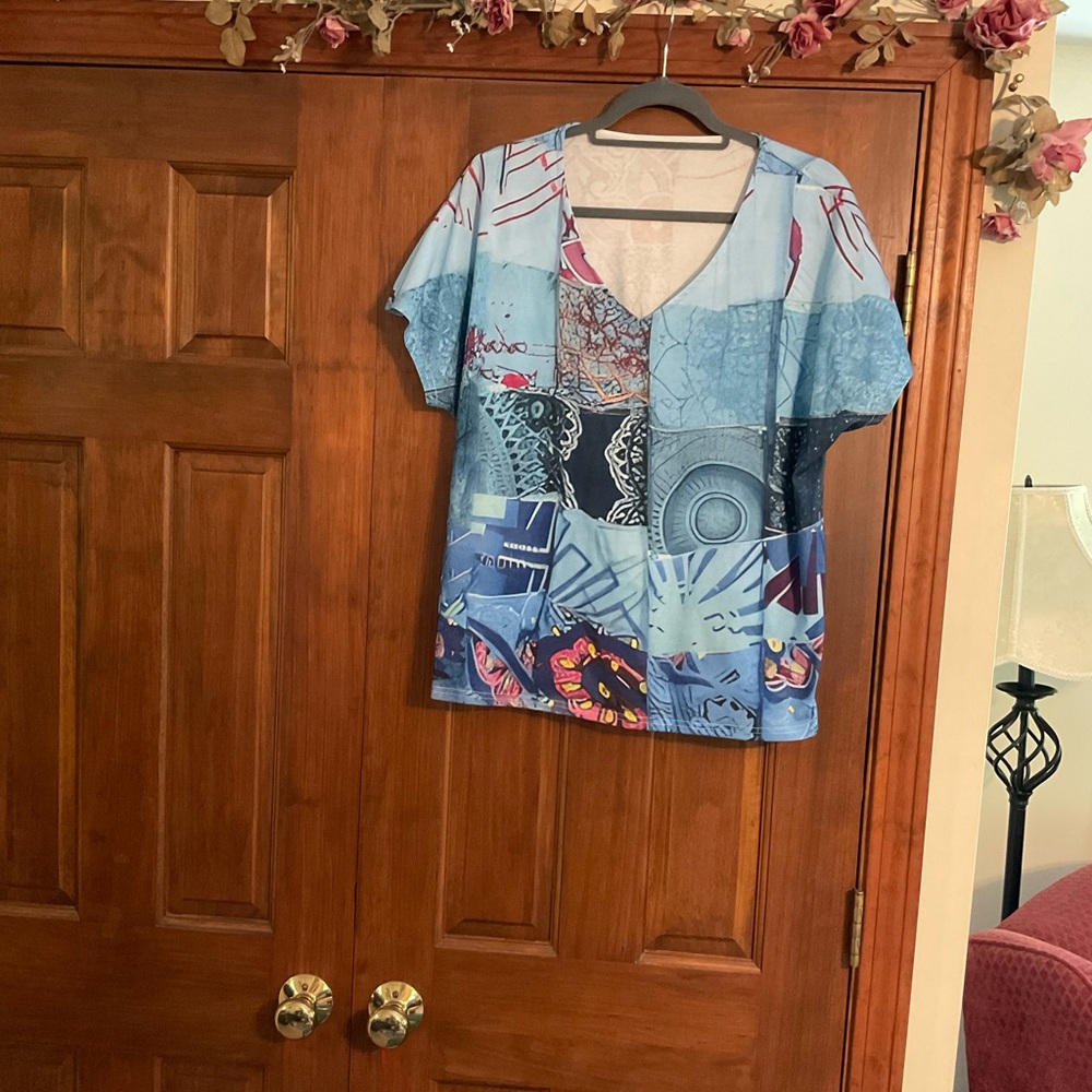 Patchwork V-Neck Women’s Top - Blue and Red